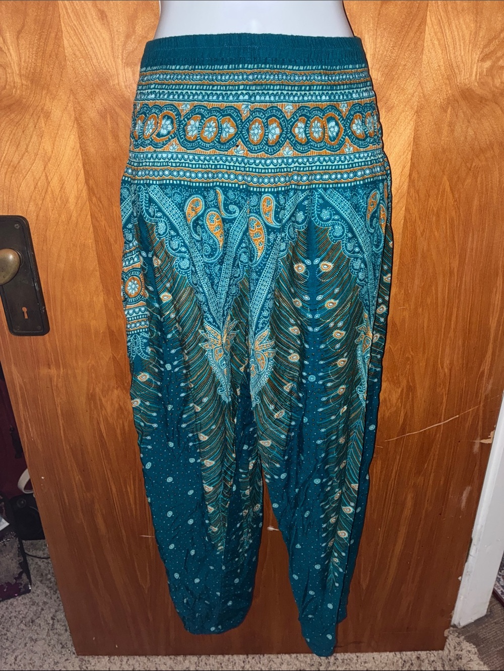 Joob Joob Teal, Turquoise, Aqua, Orange Peacock Pattern Harem Pants - Size S/M